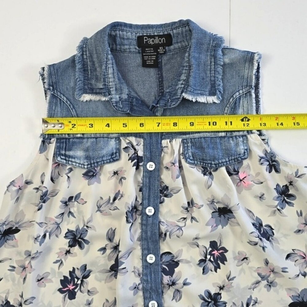 Papillon Women's Denim Yoke Semi Sheer Floral Sleeveless Blouse Blue XS - Picture 6 of 8